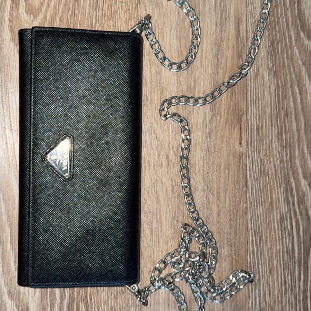 Prada Black Wallet with Silver Chain Accent